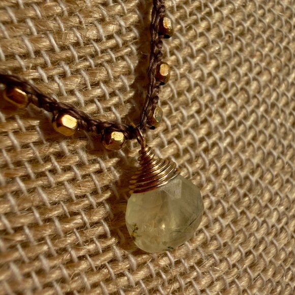 Adella Necklace Chocolate Crocheted Silk Cord with Light Blue and Gold Seed Bead - Picture 2 of 5